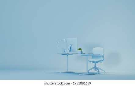 Pastel Blue Monochrome Minimal Office Table Desk. Minimal Idea Concept For Study Desk And Workspace. Mockup Template, 3d Rendering
