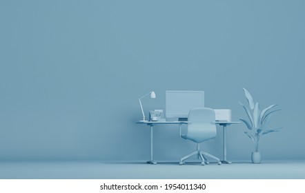 Pastel Blue Monochrome Minimal Office Table Desk. Minimal Idea Concept For Study Desk And Workspace. Mockup Template, 3d Rendering
