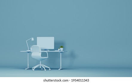 Pastel Blue Monochrome Minimal Office Table Desk. Minimal Idea Concept For Study Desk And Workspace. Mockup Template, 3d Rendering
