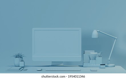 Pastel Blue Monochrome Minimal Office Table Desk. Minimal Idea Concept For Study Desk And Workspace. Mockup Template, 3d Rendering
