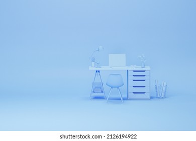 Pastel Blue Monochrome Minimal Office Table Desk. Minimal Idea Concept For Study Desk And Workspace, Art Work. Mockup Template, 3d Rendering
