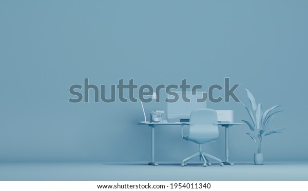 Pastel blue monochrome minimal office table\
desk. Minimal idea concept for study desk and workspace. Mockup\
template, 3d\
rendering\
