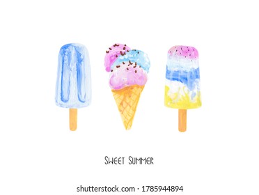 Pastel Blue, Pink, Yellow Ice Cream Illustration. Retro Cartoon Style. Ice Cream Cone And On A Stick. Pasty Texture Of Gouache Paint.