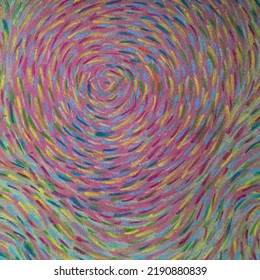 Pastel Chalk Drawing In Pastel Colors. Colourful, Relaxing Circle Composition With Waves Of Paint. 