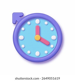 Pastel clock arrow left, light blue face, purple border, pink hands, time change, adjustment, reminder, simple, clean design, flat style, modern icon