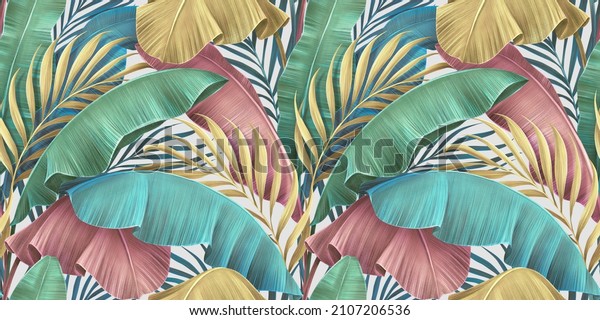 Pastel color banana leaves, palms. Tropical seamless pattern. Hand-painted vintage 3D illustration. Bright glamorous floral background design. Luxury wallpaper mural.