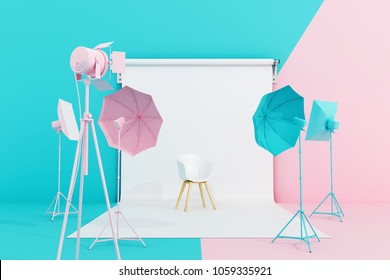 Pastel Coloured Photo Studio With Lighting Equipment. 3d