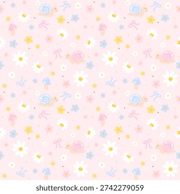 Pastel Coquette Spring Seamless Pattern, Cute Snail Mushroom Garden Digital Paper Background 