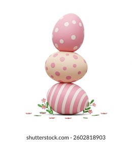 Pastel Easter eggs stacked high are decorated with flowers and petals, creating a cheerful scene ideal for spring greetings.