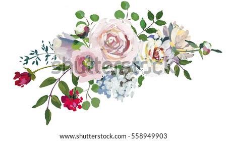 Pastel floral drop bouquet hand painted acrylic mint magenta pink wedding flowers on white background.