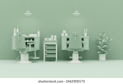 Pastel green monochrome barber shop modern Minimal . Female hairdresser interior design. Hair salon with equipment, bundle for hair care product for styling hair. 3D rendering with copy space. - Powered by Shutterstock