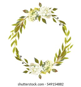 Pastel Green Watercolor Leafy  Wreath Isolated On White Background.