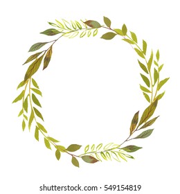 Pastel green watercolour floral wreath isolated on white background.