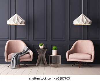 Pastel interior in classic style with soft armchairs and lamps. 3d rendering