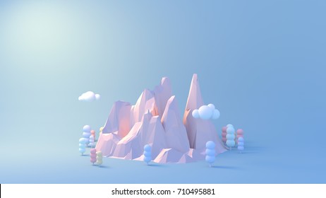Pastel mountains, forest and clouds. 3d rendering picture.