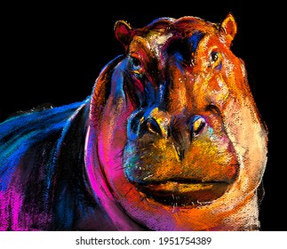 Pastel painting of a hippo. Modern art.
