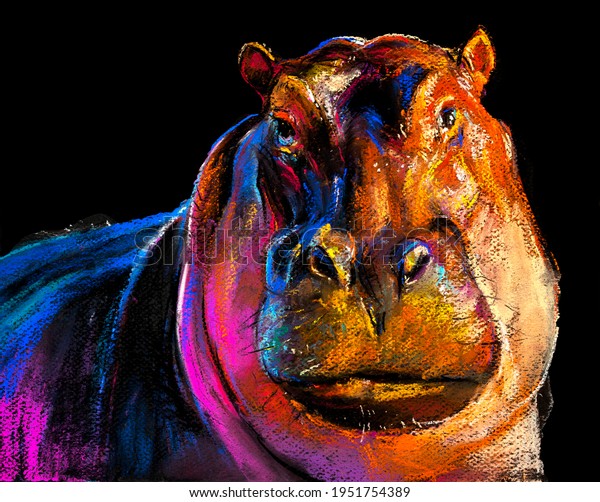 Pastel painting of a hippo. Modern wall art.