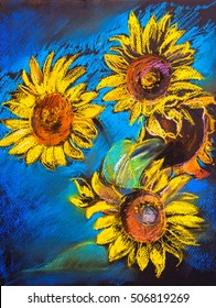 Pastel painting on a cardboard. Sunflowers painting. Modern impressionism.