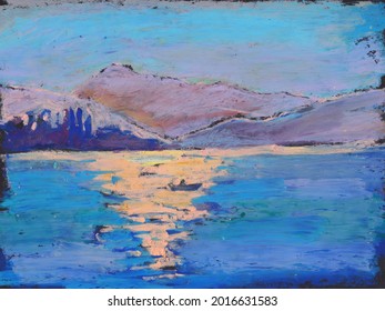 Pastel painting of sunset at island and sea