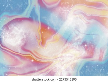 Pastel pink and blue marbled retro space sky with stars and grain noise halftone paper textures