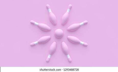 Pastel Pink Bowling Pins And Ball  On The Pastel Pink Background - 3D Illustration