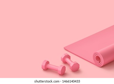 Pastel Pink Fitness Background. Pink Fitness Mat And Dumbbells. 3D Rendering