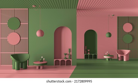 Pastel Pink And Green Colors And Metaphysical Abstract Interior Design For Flat Living Room, Waiting And Sitting Space. Symmetry Concept, Mirroring Perspective, Opposite Shapes, 3d Illustration