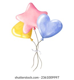 Pastel pink  lavender blue   yellow air balloons bouquet for kids birthday party watercolor illustration isolated white background  Hand drawn clipart for greeting cards   invitations