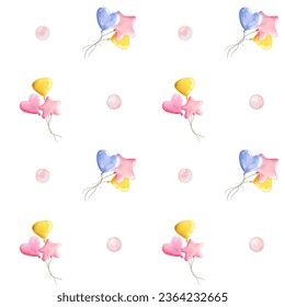 Pastel pink  lavender blue   yellow air balloons bouquets watercolor seamless pattern white for kids birthday party   gift wrapping paper