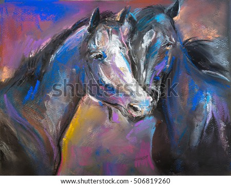 Pastel portrait of a couple horses on a cardboard. Modern art

