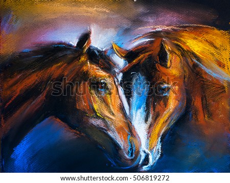 Pastel portrait of a couple horses on a cardboard. Modern art

