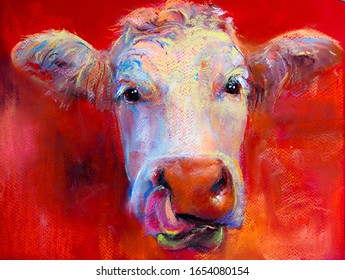 Pastel Portrait Painting. Cow.  Modern Art.