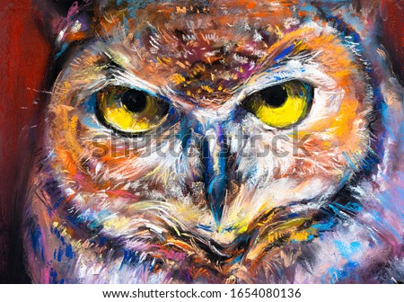 pastel portrait painting. Owl portrait. Modern art.
