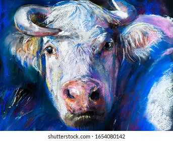 Pastel Portrait Painting. White Cow. Modern Art.