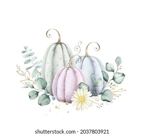 Pastel pumpkins   eucalyptus arrangement isolated white background Perfect graphic for Thanksgiving day  Halloween  greeting cards  photos  posters  quotes  scrapbooking   more 