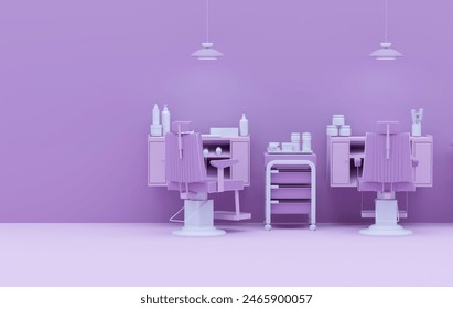 Pastel purple monochrome barber shop modern Minimal . Female hairdresser interior design. Hair salon with equipment, bundle for hair care product for styling hair. 3D rendering with copy space. - Powered by Shutterstock