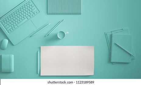 Pastel Turquoise Monochrome Minimal Office Table Desk. Workspace With Laptop, Notebook, Pencils And Coffee Cup. Flat Lay, Top View, Blank Paper Mockup Template, 3d Illustration