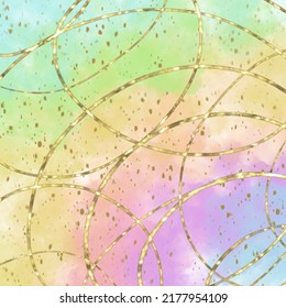 Pastel watercolor smudges background. Cute colors and golden glitter pattern
