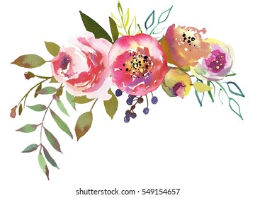 Pastel  watercolour floral embracing bouquet isolated on white background.