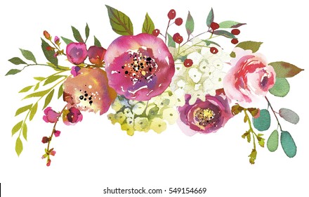 Pastel  watercolour floral embracing bouquet round isolated on white background.