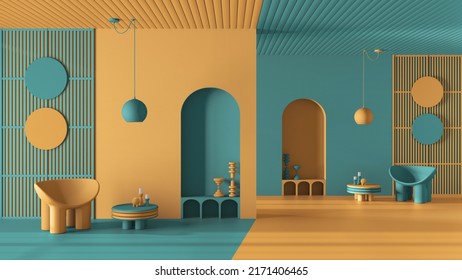 Pastel yellow and blue colors and metaphysical abstract interior design for flat living room, waiting and sitting space. Symmetry concept, mirroring perspective, opposite shapes, 3d illustration