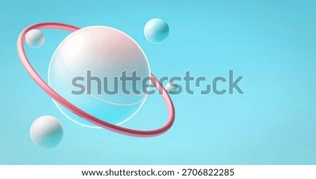 A pastel-colored, abstract 3D render featuring a central sphere encircled by a ring, with smaller spheres floating around against a soft blue backdrop.