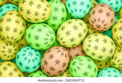 Pastel-colored Easter eggs with a cannabis theme. Great for alternative holiday designs.