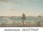 A pastoral landscape with people and animals. Men and women stroll, horses graze. Open fields, serene sky. Historical, pastoral, peaceful scene. Vintage landscape art illustration.