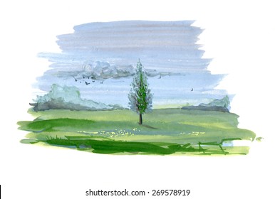 A pastoral landscape with with a tree in the meadow. Painted in watercolor