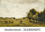 Pastoral landscape with trees, horses, and figures. Rural scene with trees and horses. Vintage landscape illustration, old landscape artwork, vintage old nature artwork.