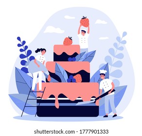 Pastry chefs cooking big birthday cake. Bakers decorating dessert with pink glaze and berries. illustration for menu, bakery, confectionery concept - Powered by Shutterstock