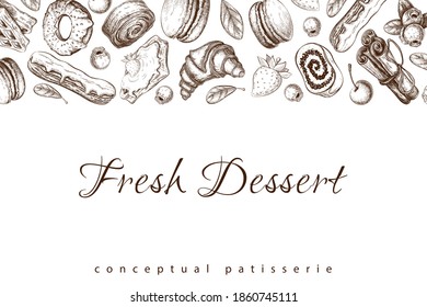 pastry sketch on white. Bakery horizontal banner, border with desserts, berries, eclair, croissant, donut, macaroons drawing. pastry background template for design. Engraved food illustration - Powered by Shutterstock