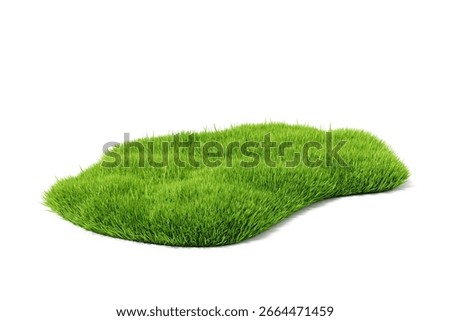 A patch of lush green grass in organic shape, realistic graphic style, isolated on white background. Concept of landscaping, nature and gardening. 3D Rendering