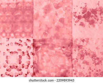 Patchwork Abstract Coral Background, Made Of Different Patterns. Material Watercolour Design Concept. Dirty Art With Tie Dye Pattern. Shibori Yellow Design. Spots Of Acrylic Paint.